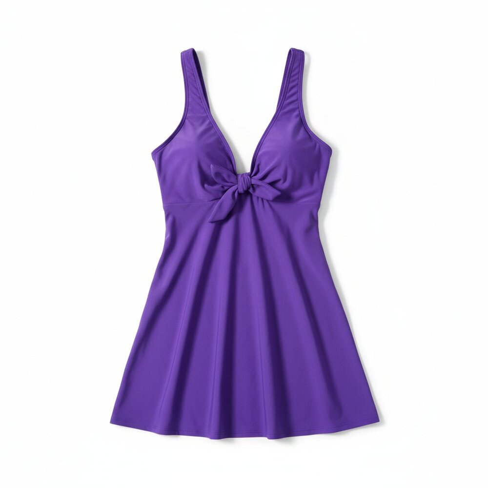 Women's Purple Swimdress One Piece Skirted Swimsuit Bow Tie Front Flowy Fit - XL - Picture 6 of 6